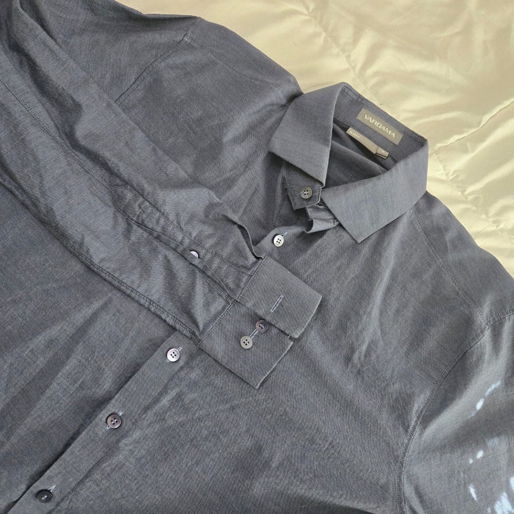 Vardama Slim Fit Dress Shirt Mens Medium Grey Egyptian Cotton Spill Proof